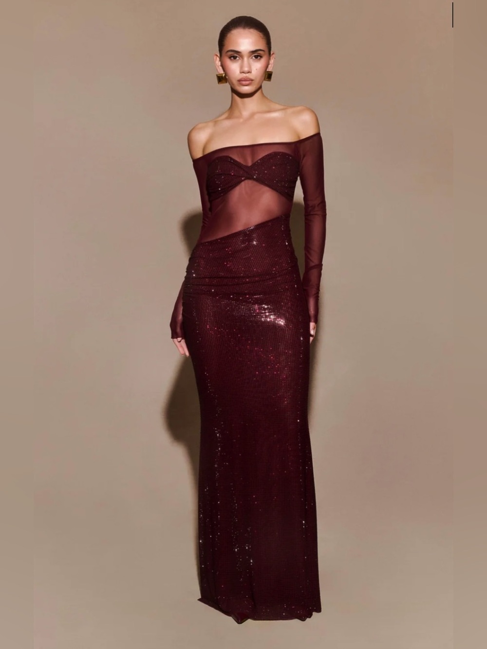 MESHKI Nash Diamante Off Shoulder Maxi Dress Mahogany Size Medium NWT